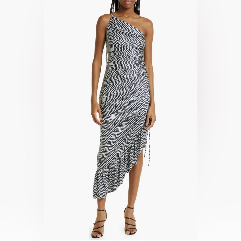 Cinq A Sept One Shoulder Asymmetric Ruffle Hem Silk Dress Size 2 Navy/Ivory NWT - Picture 1 of 12